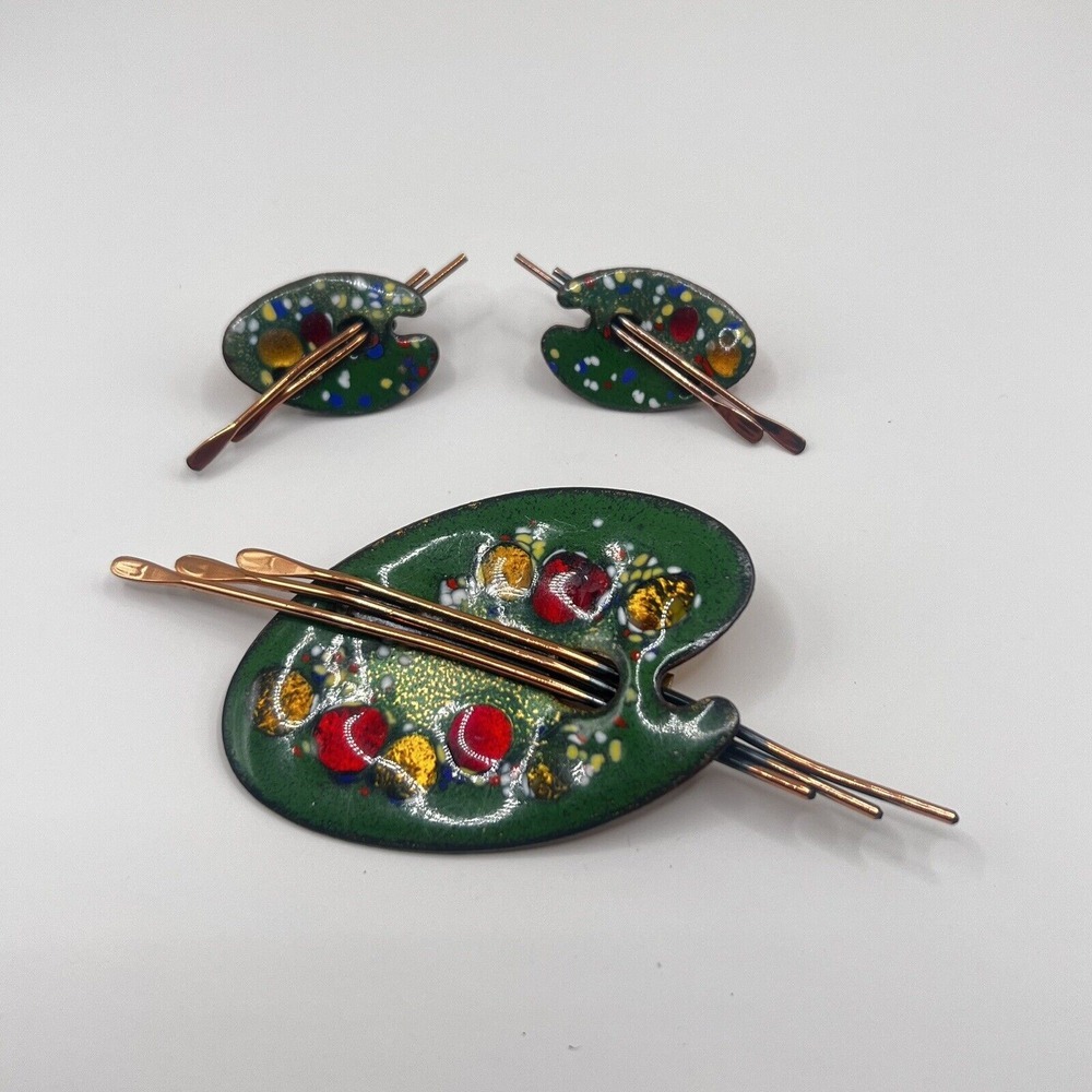 Vtg 1950's Matisse Renoir Enamel Copper Artist Palette Brooch & Clip Earrings